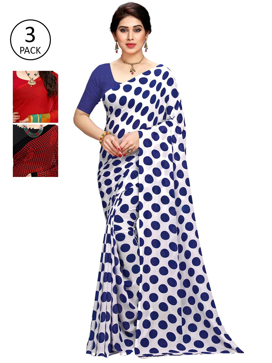 

KALINI Set of 3 Blue, Red & Black Printed Sarees