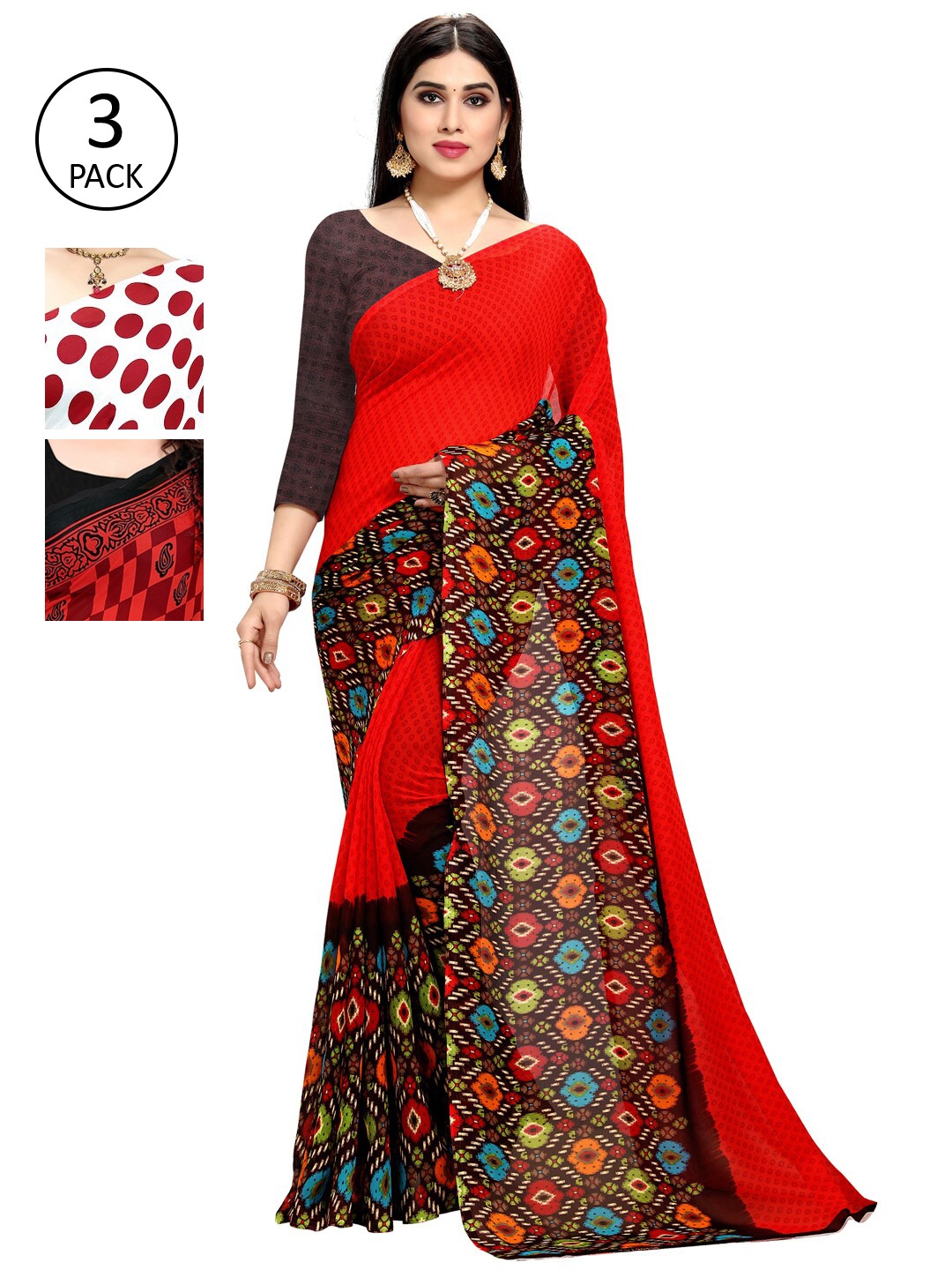 

KALINI Set Of 3 Multicoloured Poly Georgette Printed Sarees, Multi