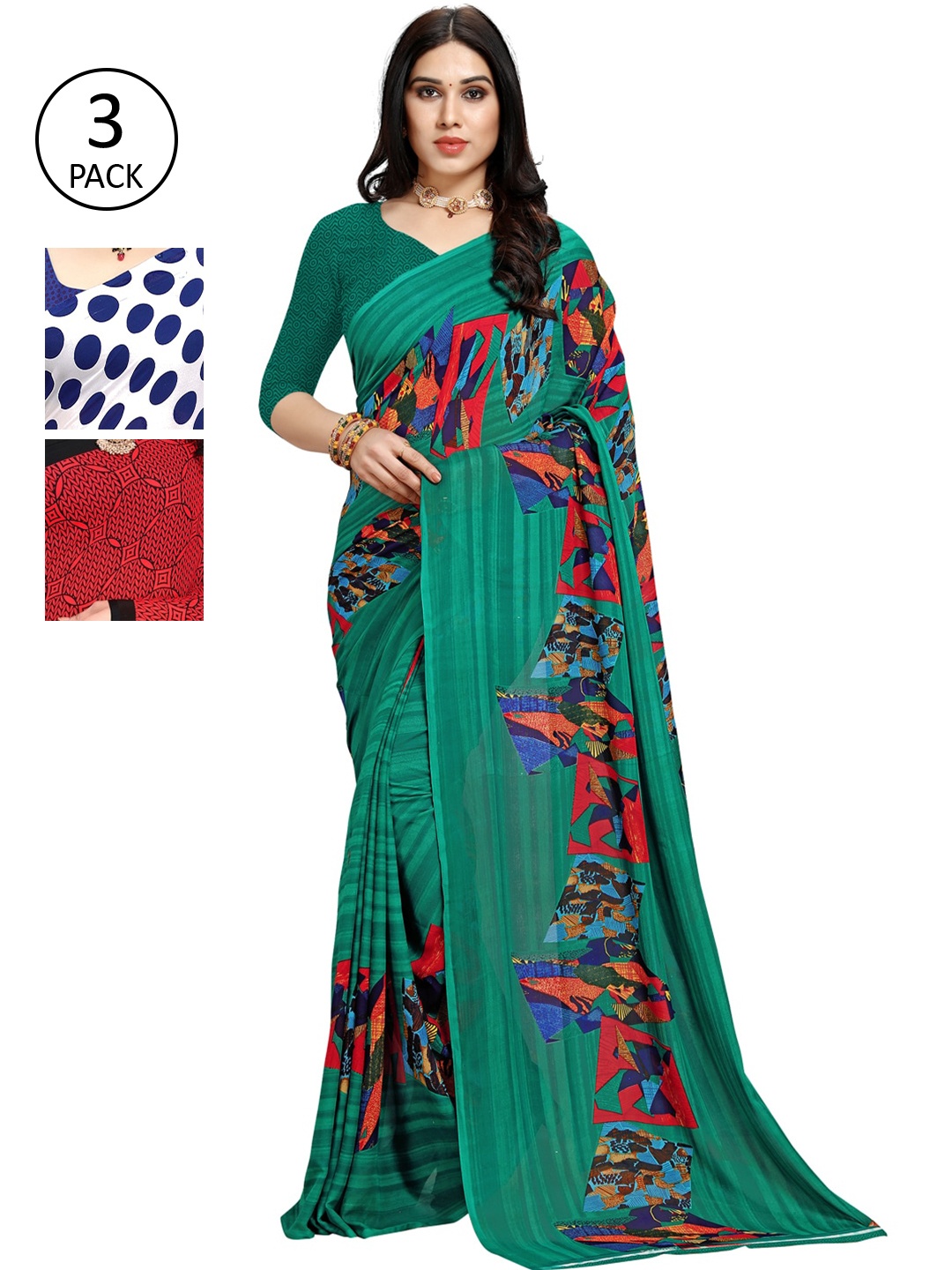 

KALINI Pack of 3 Poly Georgette Printed Sarees, White