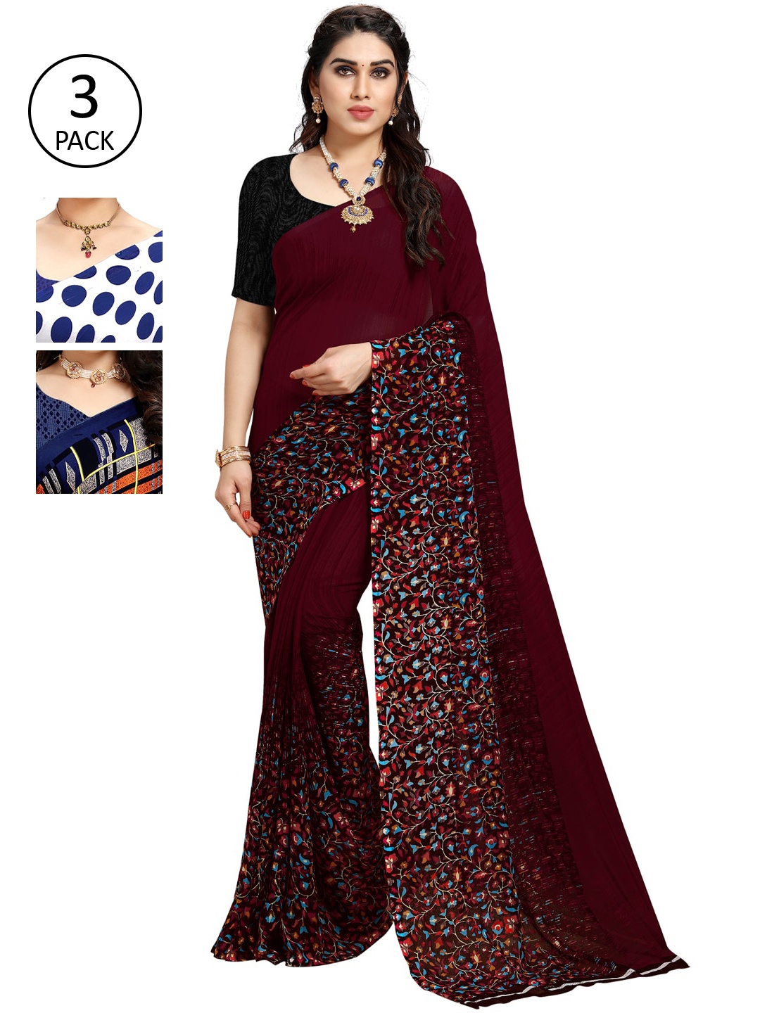 

KALINI Pack of 3 Printed Saree, Navy blue