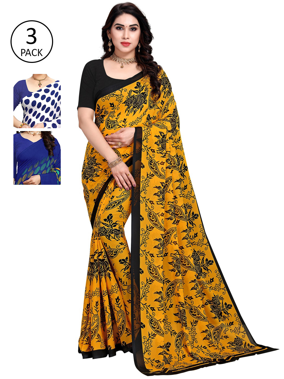 

KALINI Women Pack of 3 Printed Sarees, White