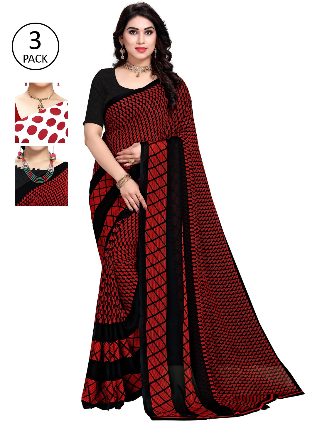 

KALINI Pack of 3 Printed Sarees, Red