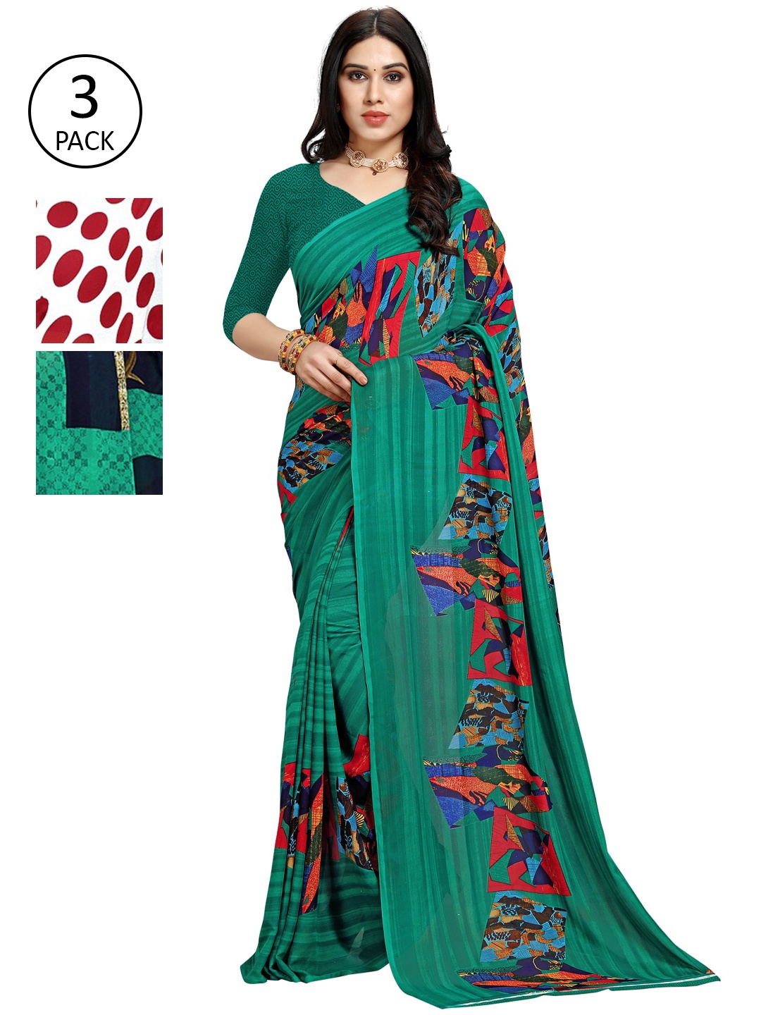 

KALINI Pack Of 3 Red & Green Saree