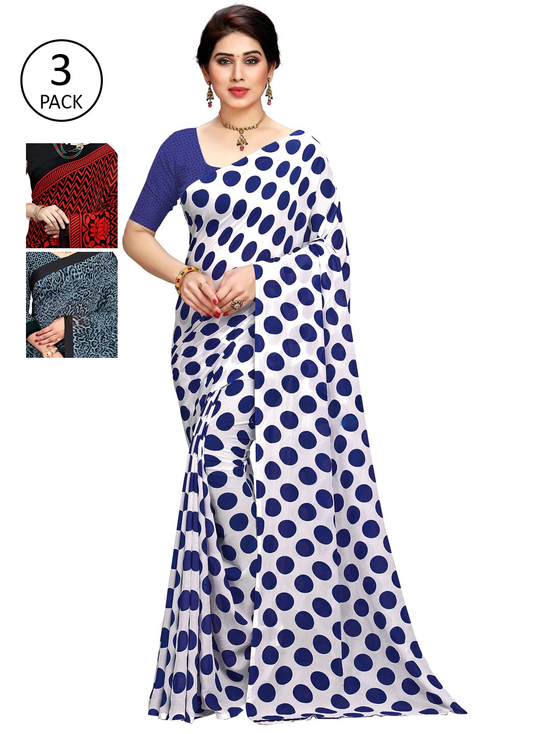 

KALINI Pack Of 3 White & Red & Blue Printed Sarees