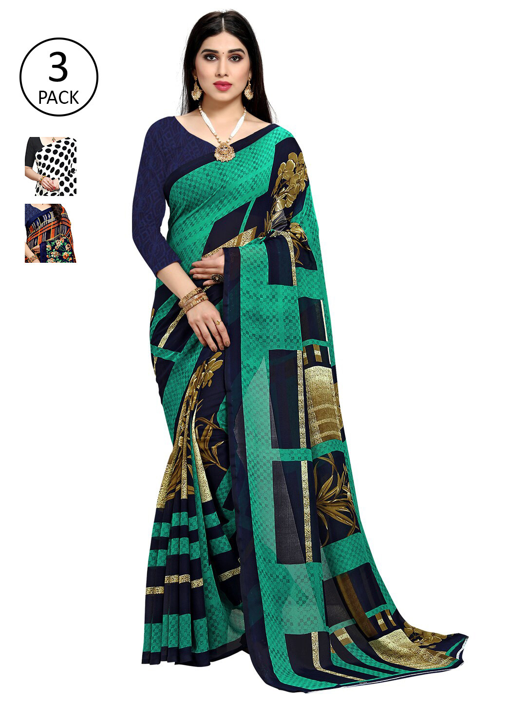 

KALINI Set of 3 Green, White & Navy Blue Printed Sarees