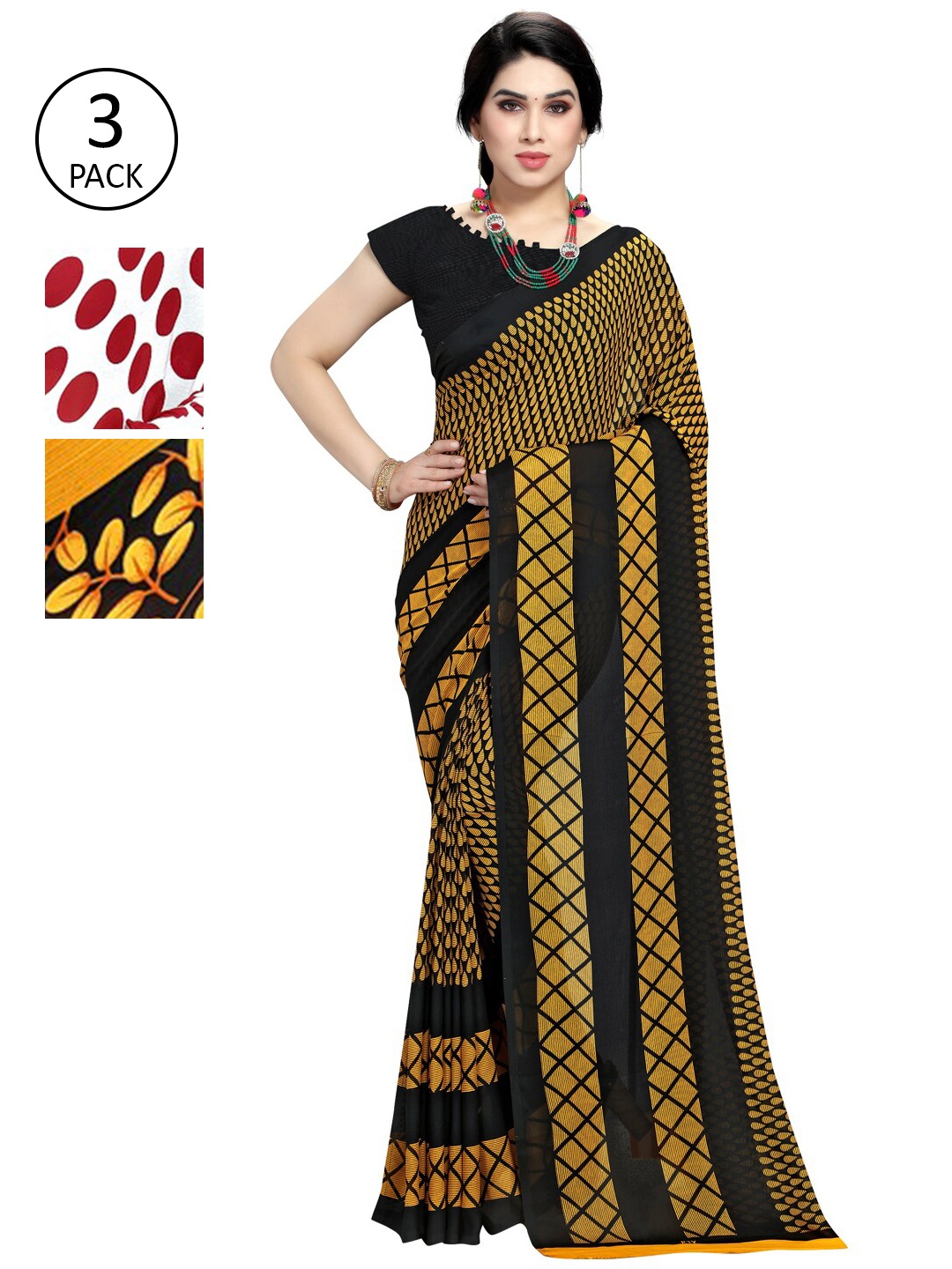 

KALINI Pack of 3 Poly Georgette Printed Sarees, Red