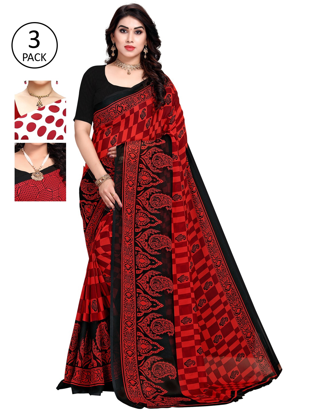 

KALINI Pack of 3 Printed Sarees, Red