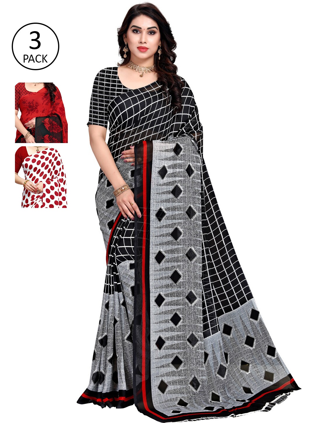 

KALINI Multicolour Printed Poly Georgette Daily Wear Sarees-Pack of 3, White