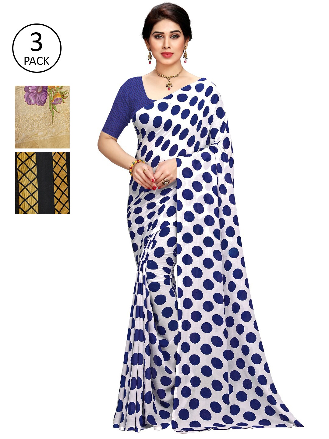 

KALINI Set of 3 Blue, Yellow & beige Printed Sarees