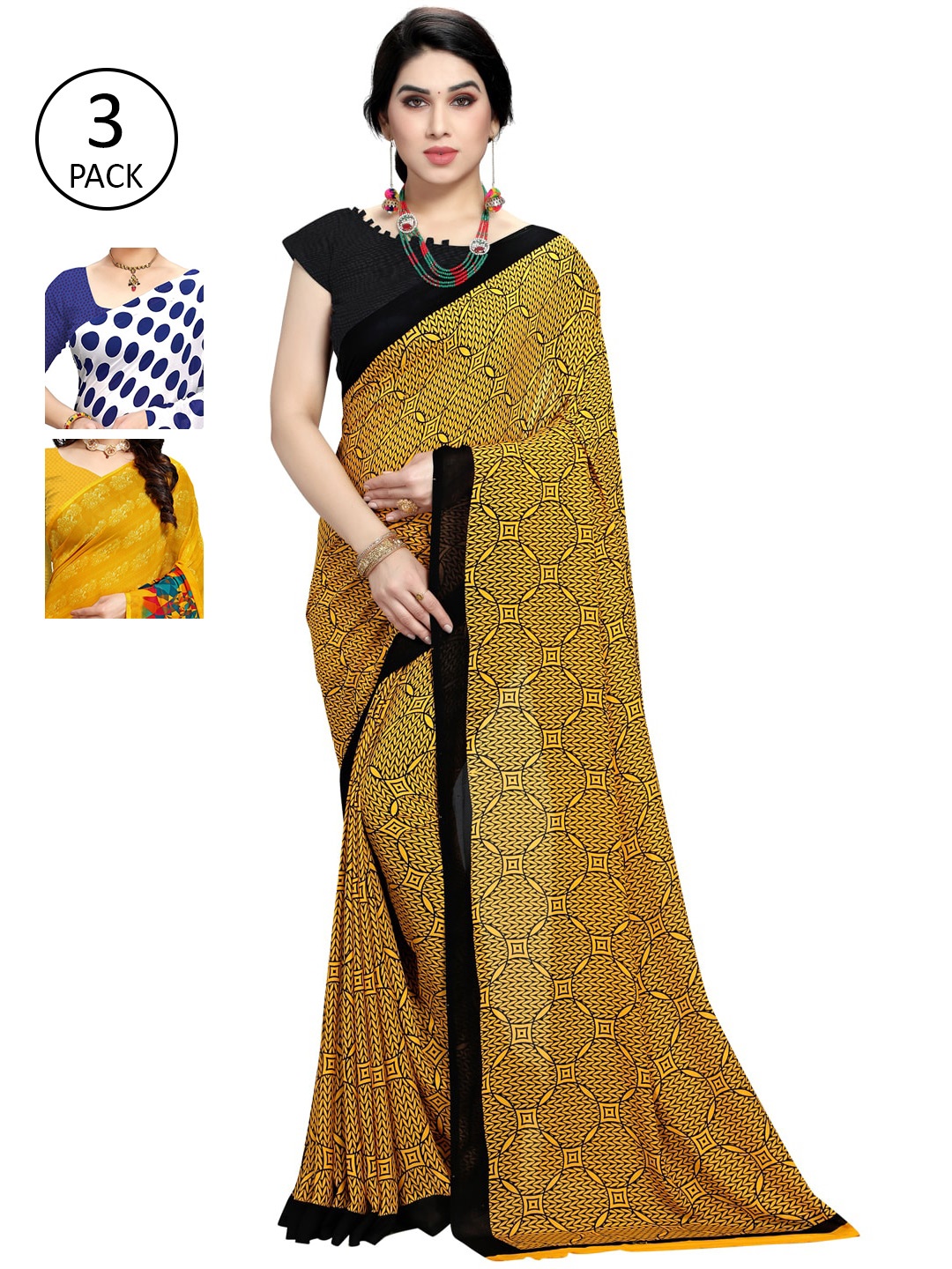 

KALINI Women Pack of 3 Printed Sarees, White