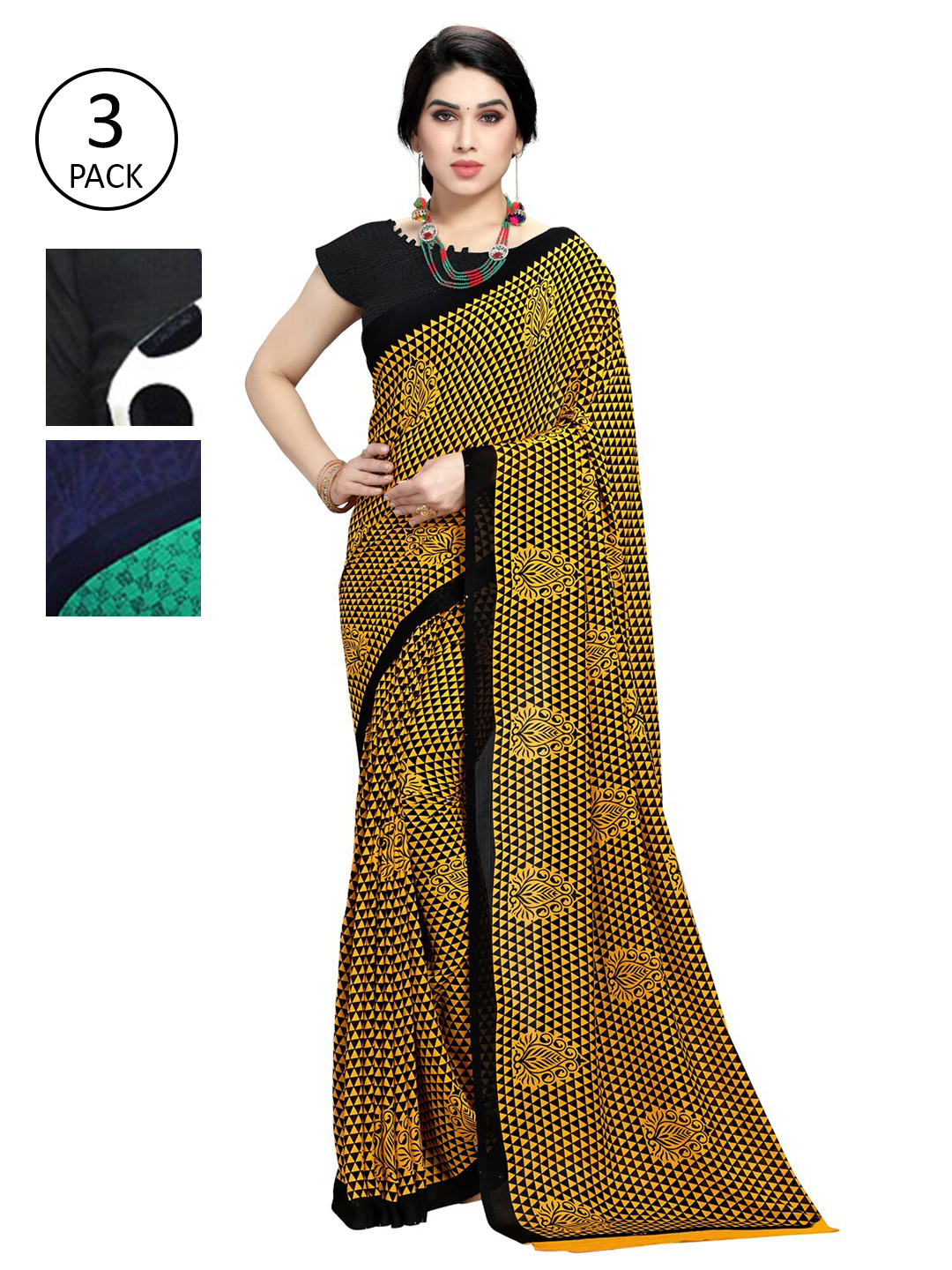 

KALINI Set of 3 Yellow, White & Green Printed Sarees