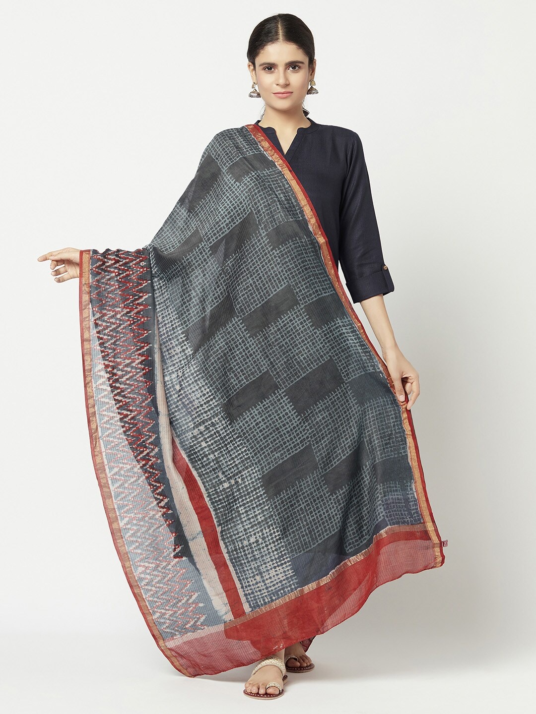 

Fabindia Blue & Red Ethnic Motifs Printed Cotton Silk Dupatta
