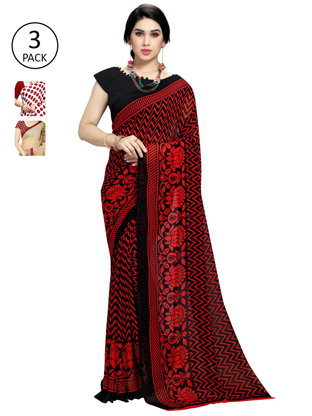 

KALINI Pack of 3 Poly Georgette Printed Sarees, White