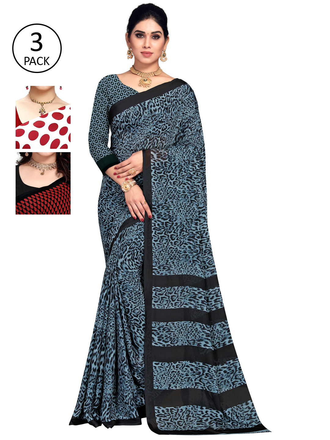 

ANAND SAREES Pack of 3 Poly Georgette Printed Sarees, White
