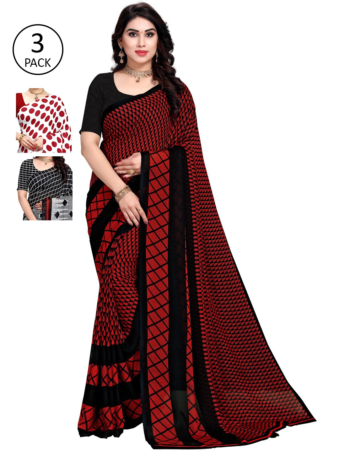 

ANAND SAREES Pack Of 3 Printed Sarees, Red