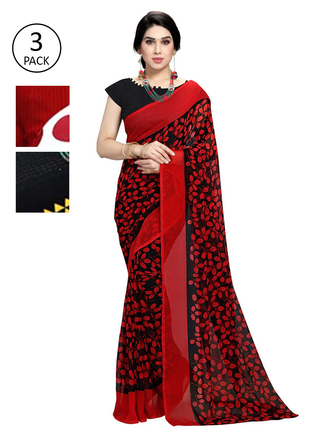 

KALINI Set of 3 Red, White & Yellow Floral Sarees