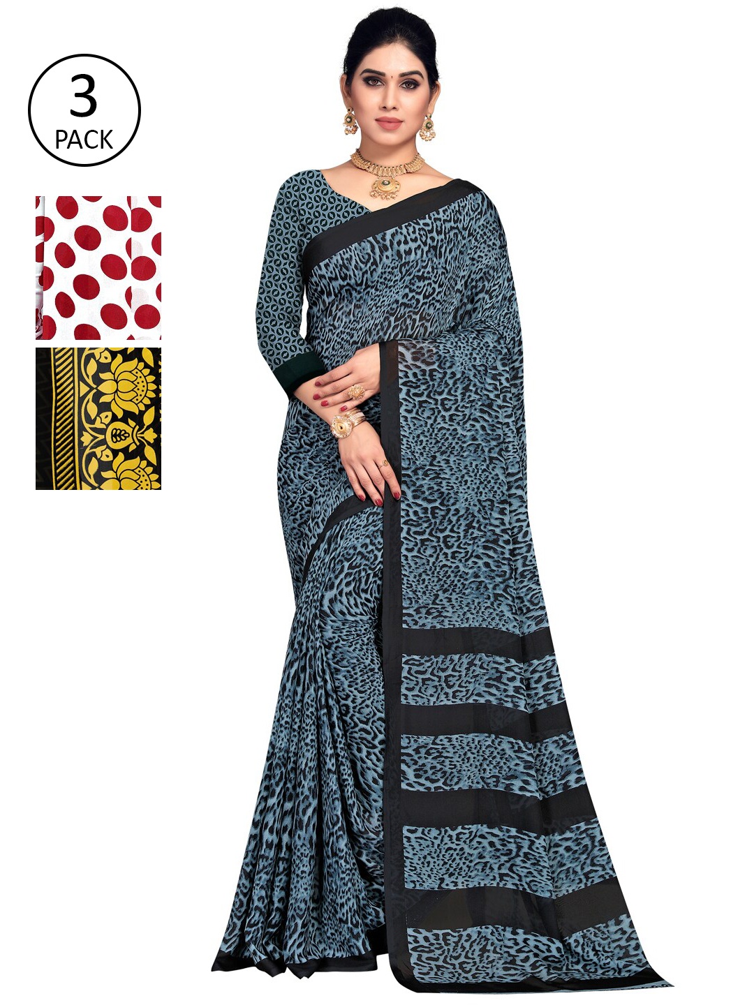 ANAND SAREES Pack of 3 Poly Georgette Printed Sarees, White