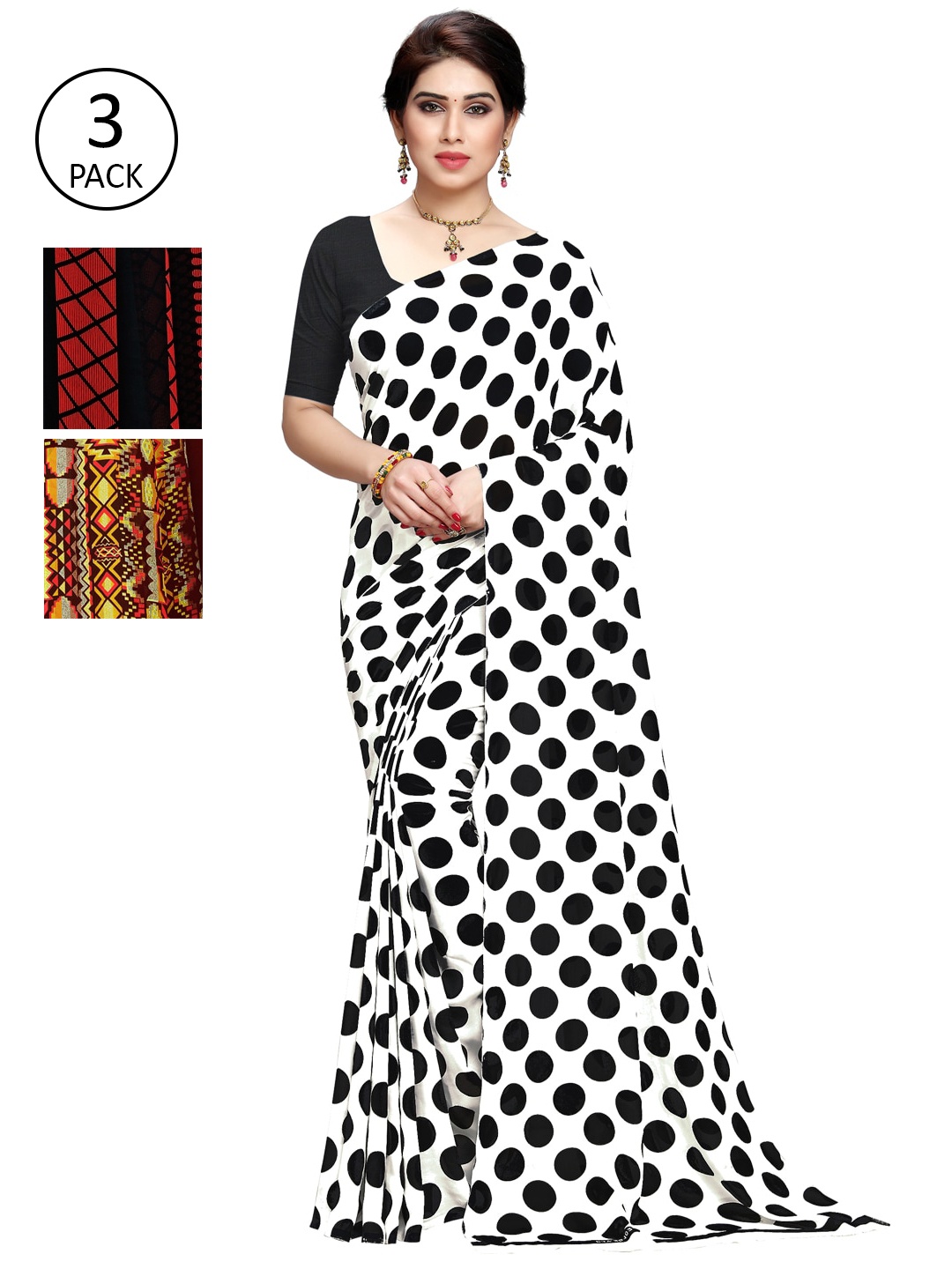 

KALINI Set of 3 White, Red & Maroon Printed Sarees