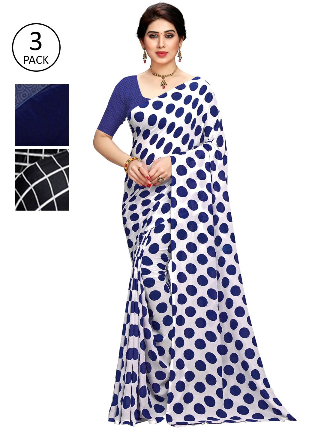 KALINI Pack of 3 Printed Sarees, White