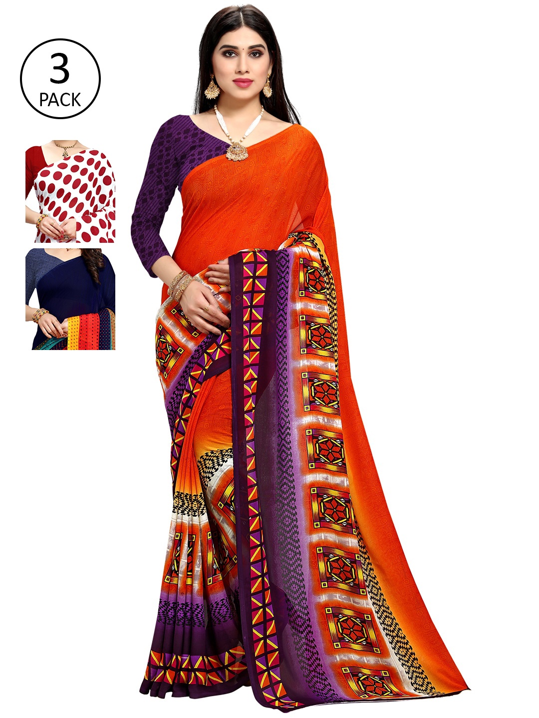 

KALINI Pack Of 3 Printed Poly Georgette Sarees, White