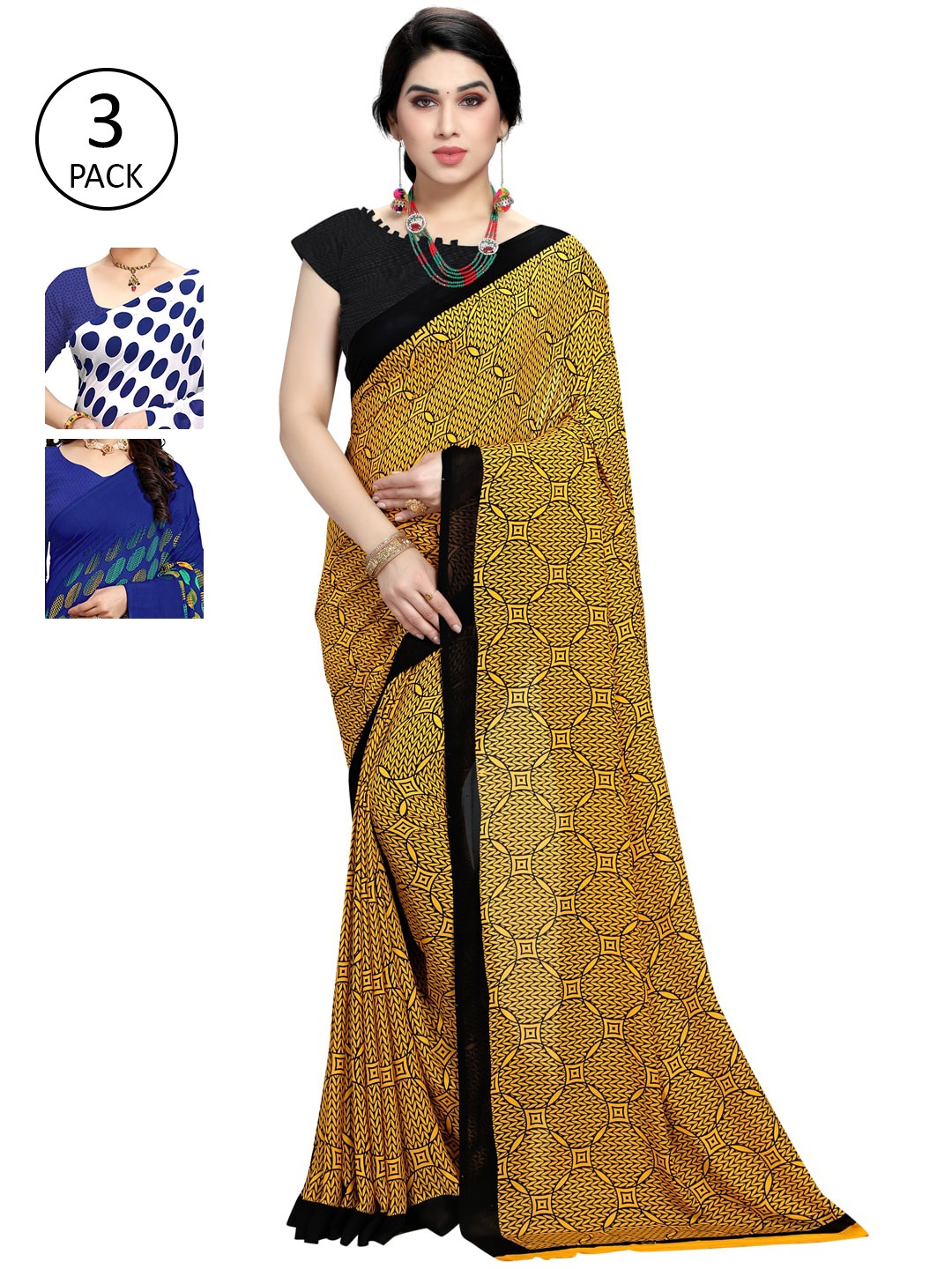 

KALINI Pack of 3 Printed Sarees with Unstitched Blouse Pieces, Blue