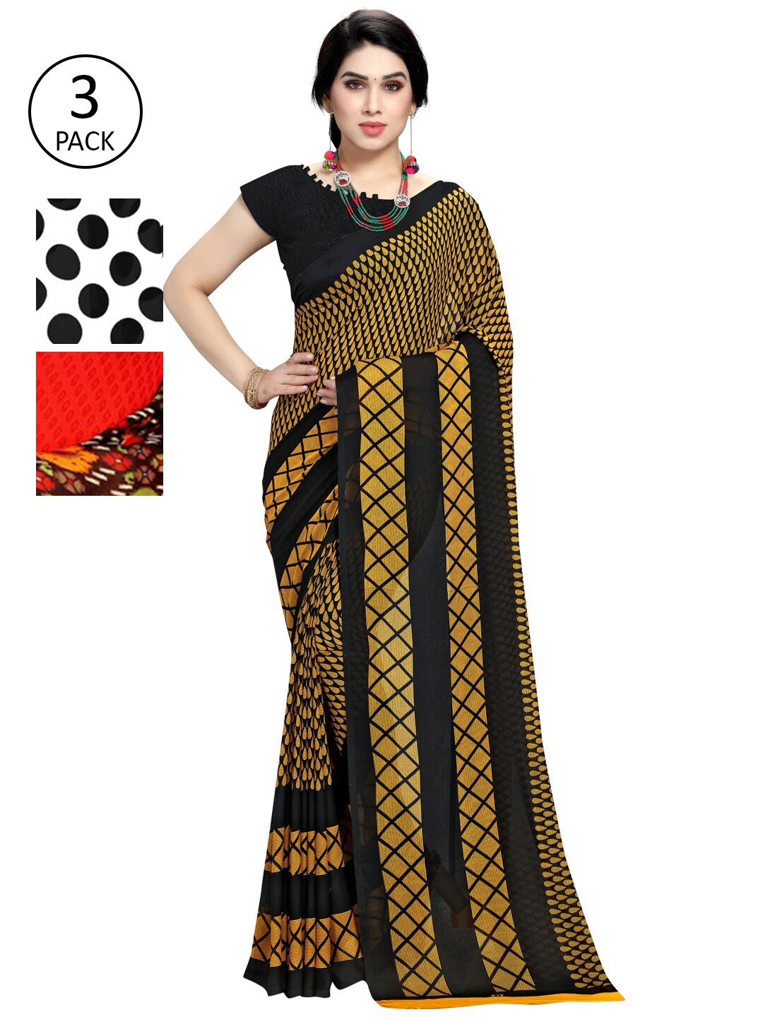 

KALINI Multi Printed Georgette Daily Wear Sarees-Pack of 3, Black
