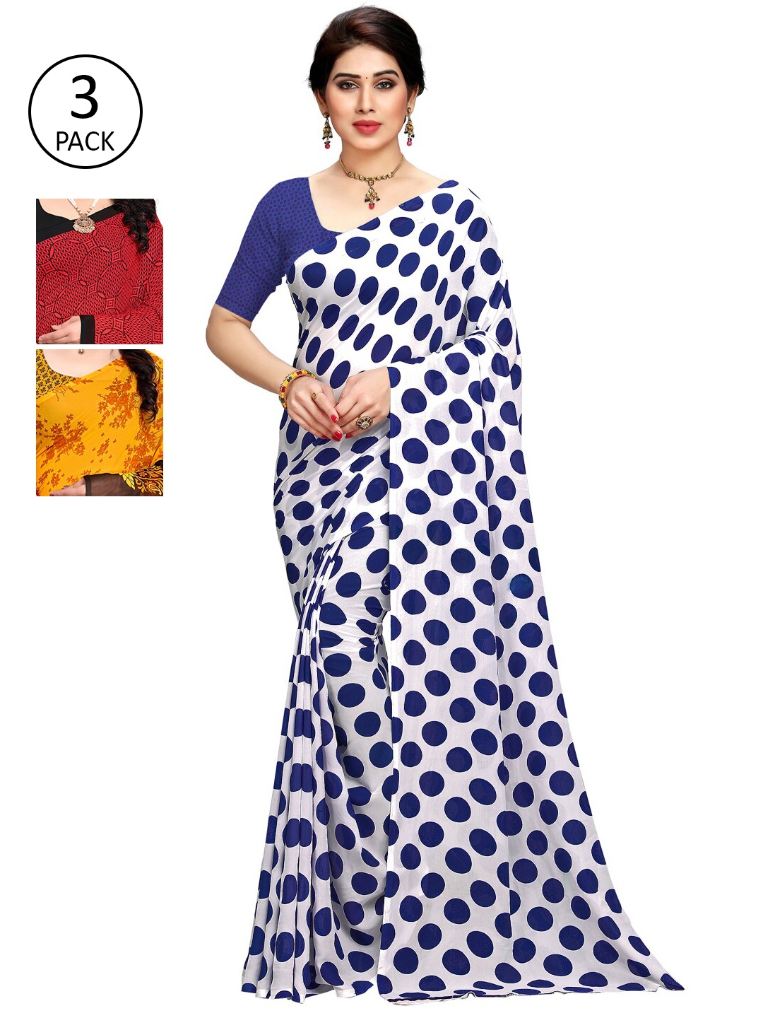 KALINI Set of 3 White & Red Printed Sarees