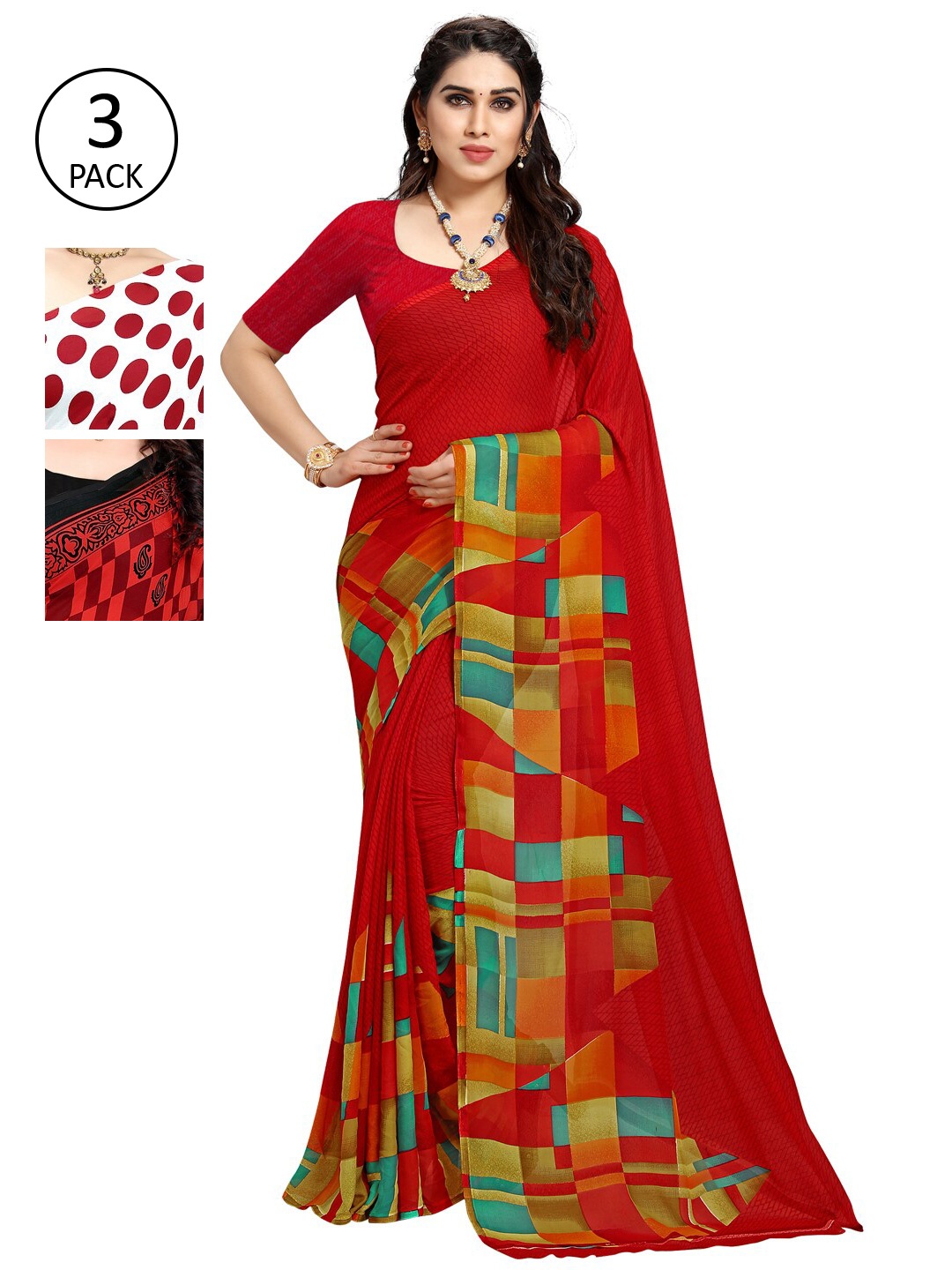 

KALINI Pack Of 3 Printed Sarees, Red