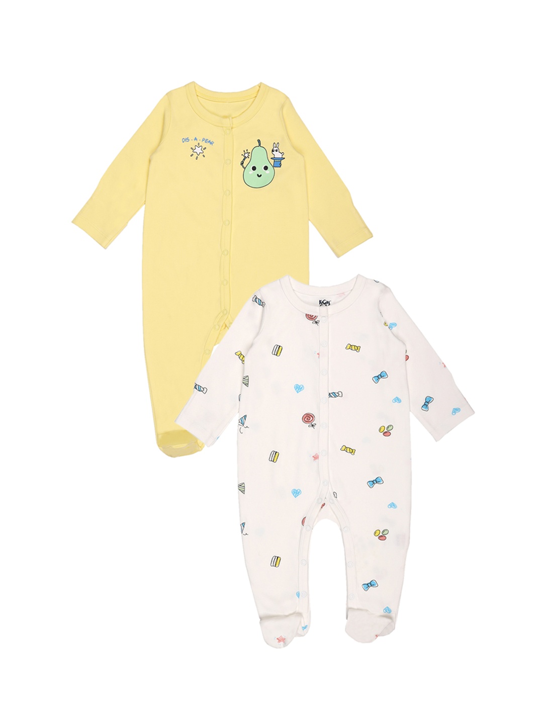 KICKS & CRAWL Infant Girls Pack Of 2 Printed Cotton Sleepsuits, White