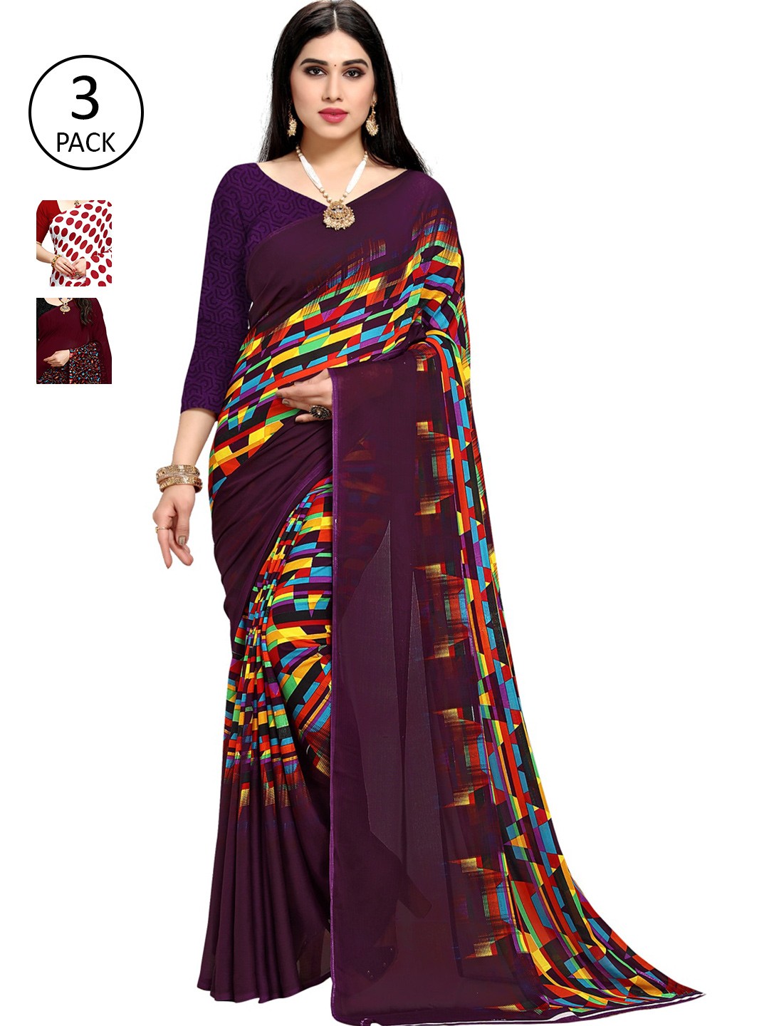 

KALINI Pack Of 3 Red & Purple Saree