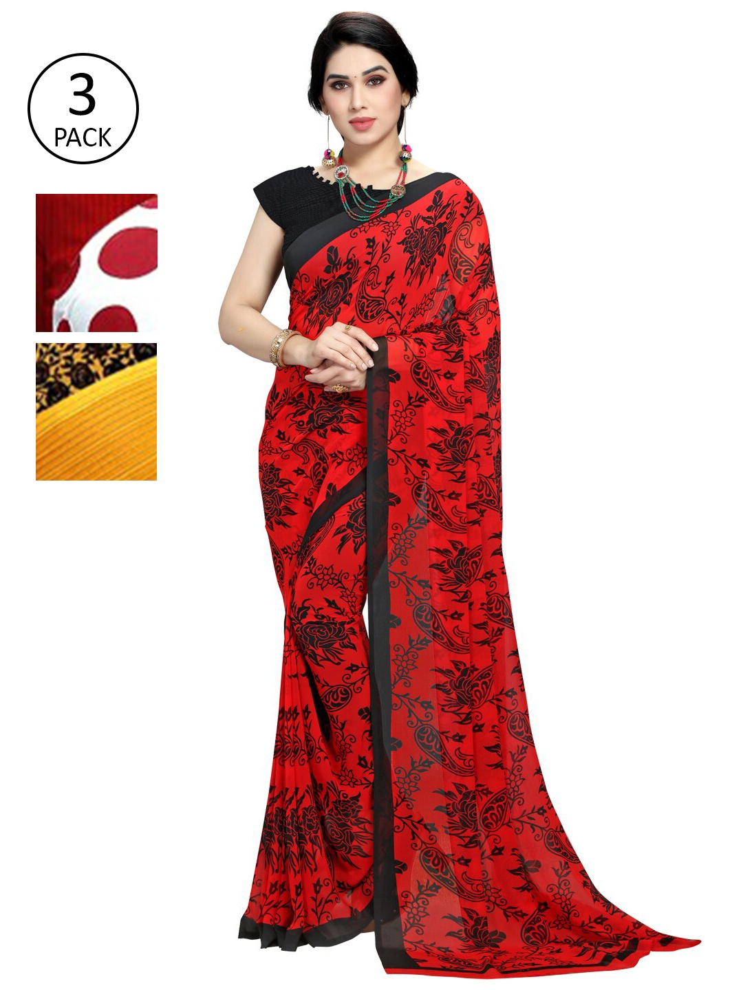 

KALINI Pack of 3 Poly Georgette Printed Sarees, White
