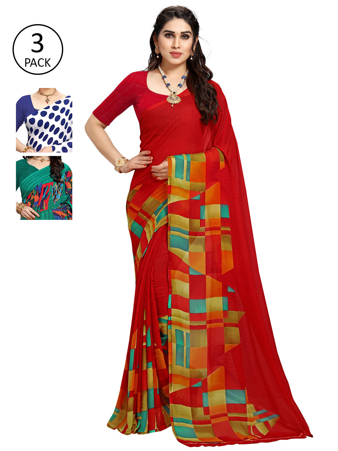 

KALINI Women Pack of 3 Printed Sarees, White