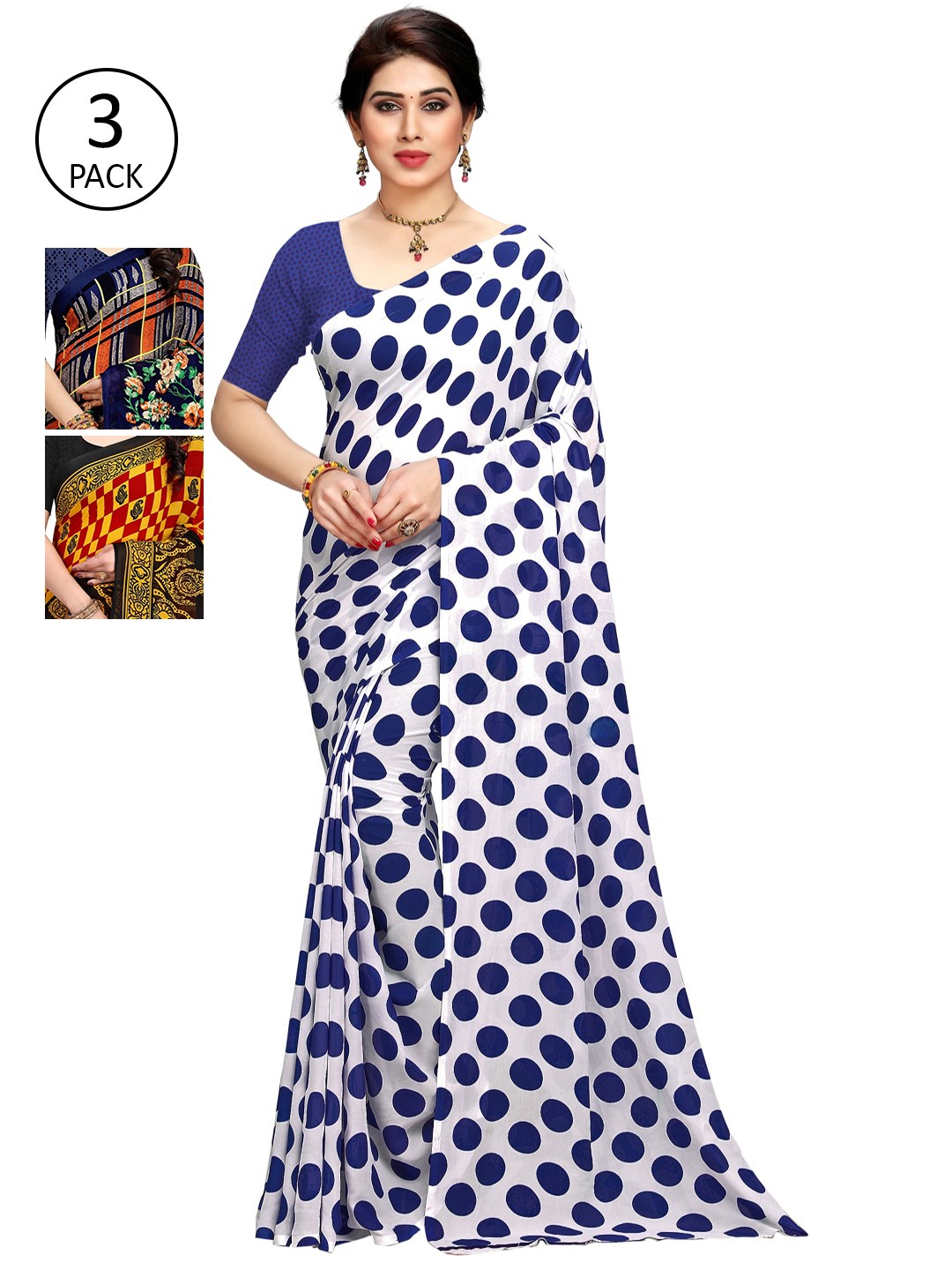 

KALINI Pack of 3 Printed Sarees with Unstitched Blouse Pieces, Multi
