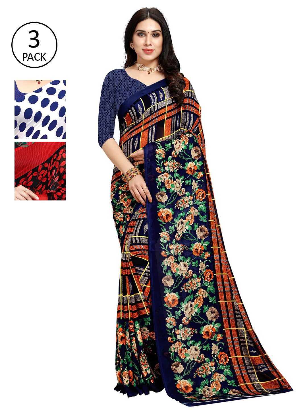 

KALINI Pack of 3 Poly Georgette Printed Sarees, White