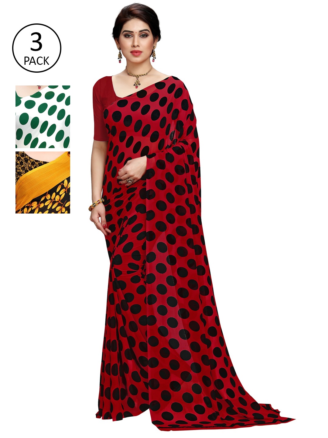 

KALINI Multicolour Printed Poly Georgette Daily Wear Sarees-Pack of 3, Red