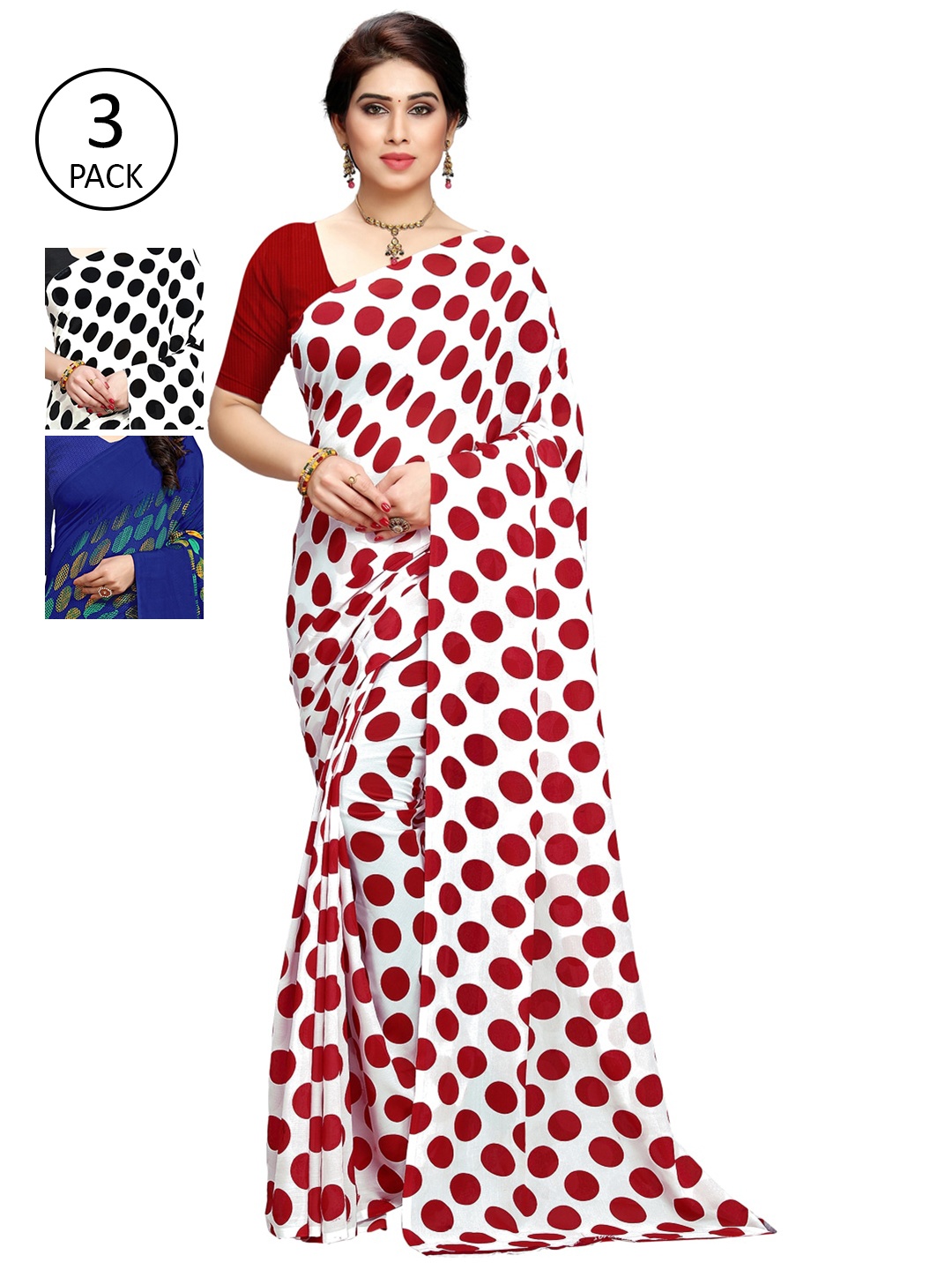 

ANAND SAREES Set of 3 Red, Black & Blue Printed Sarees