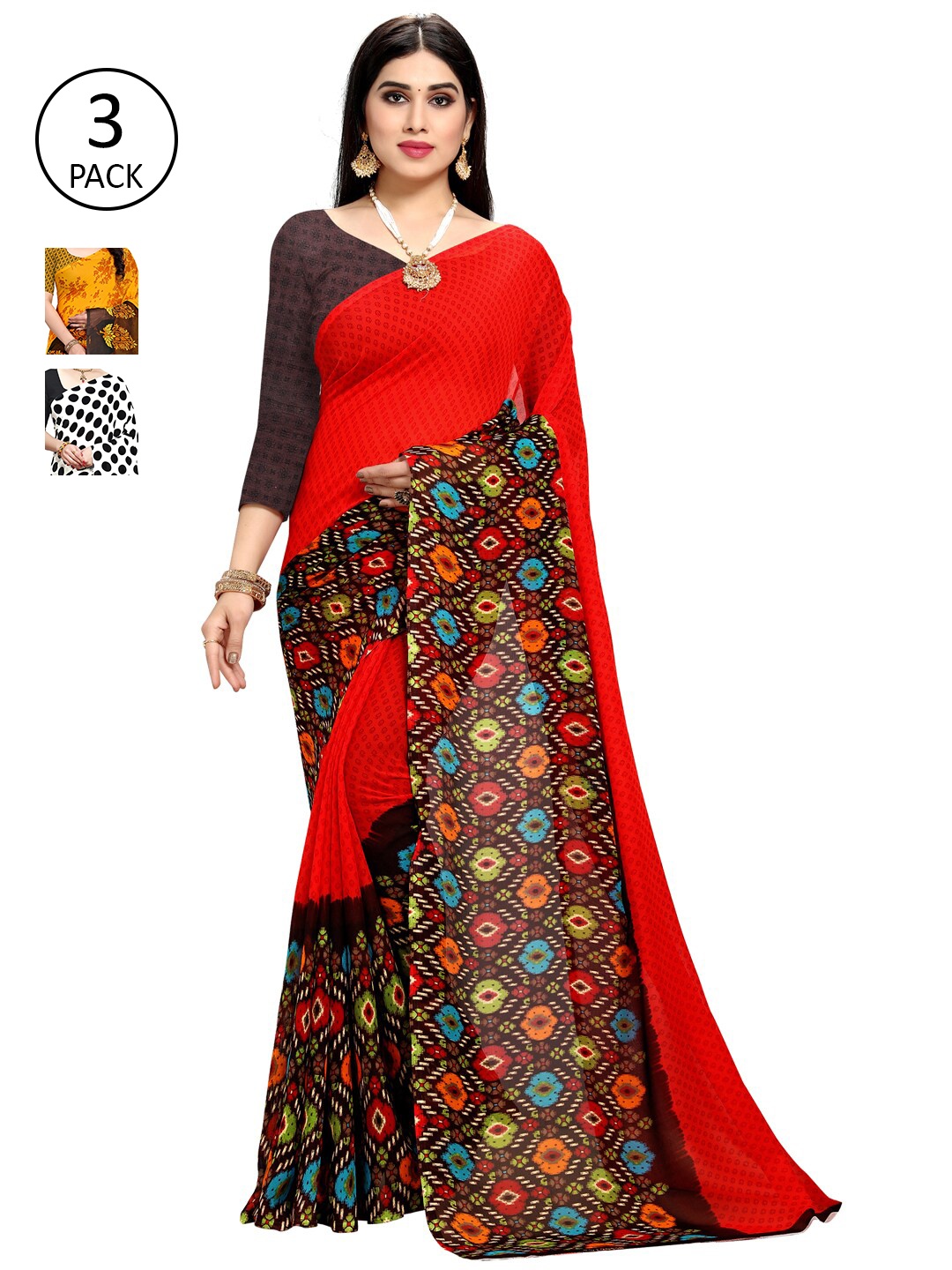

KALINI Set of 3 Red, White & Yellow Ethnic Motifs Sarees