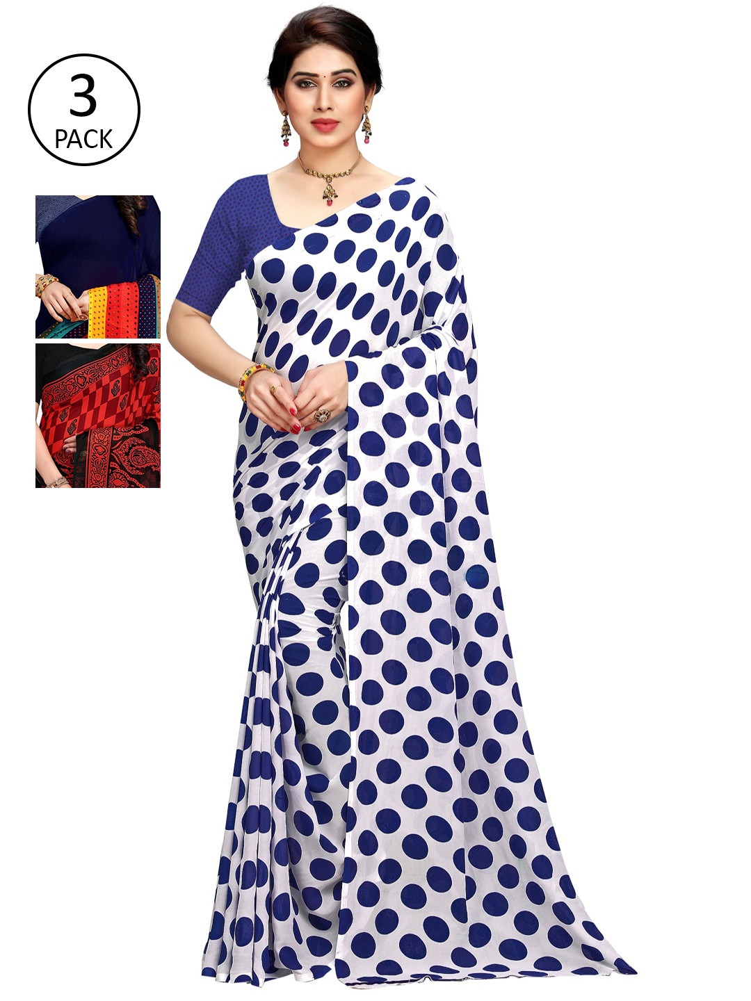 

KALINI Pack of 3 Printed Sarees with Unstitched Blouse Pieces, Multi