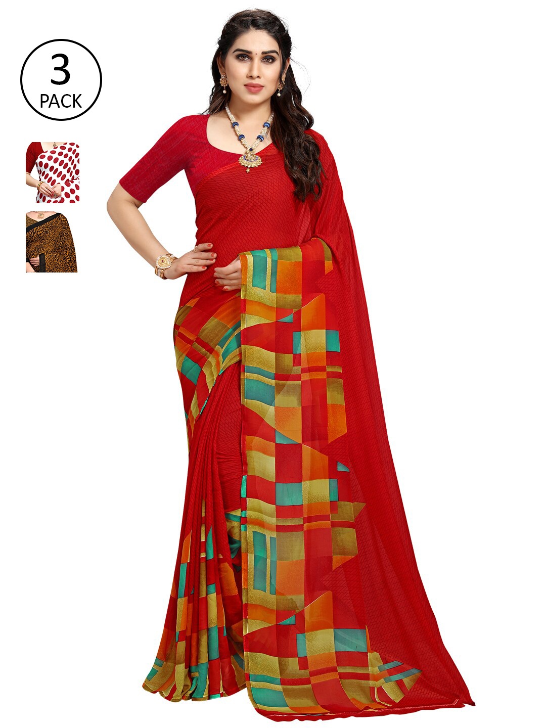 

ANAND SAREES Multicolour Printed Poly Georgette Daily Wear Sarees-Pack of 3, White