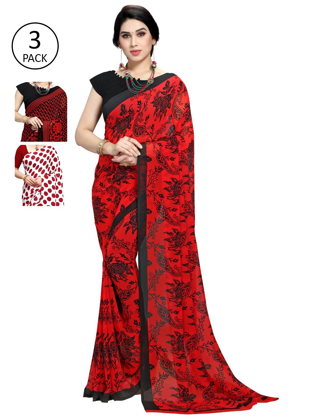 

KALINI Pack of 3 Poly Georgette Printed Sarees, White