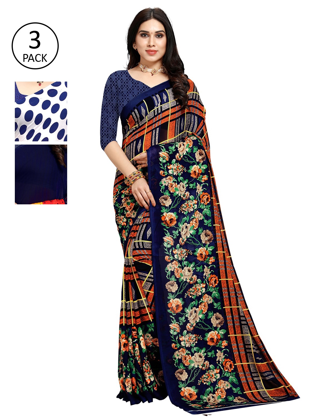 

KALINI Pack of 3 Poly Georgette Printed Sarees, White