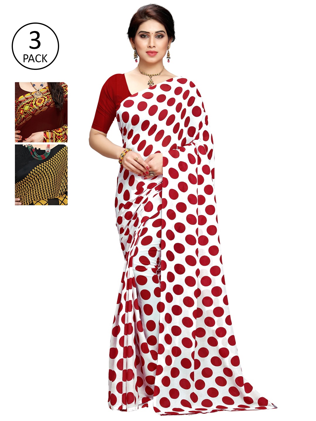 

KALINI Pack of 3 Printed Poly Georgette Sarees, White