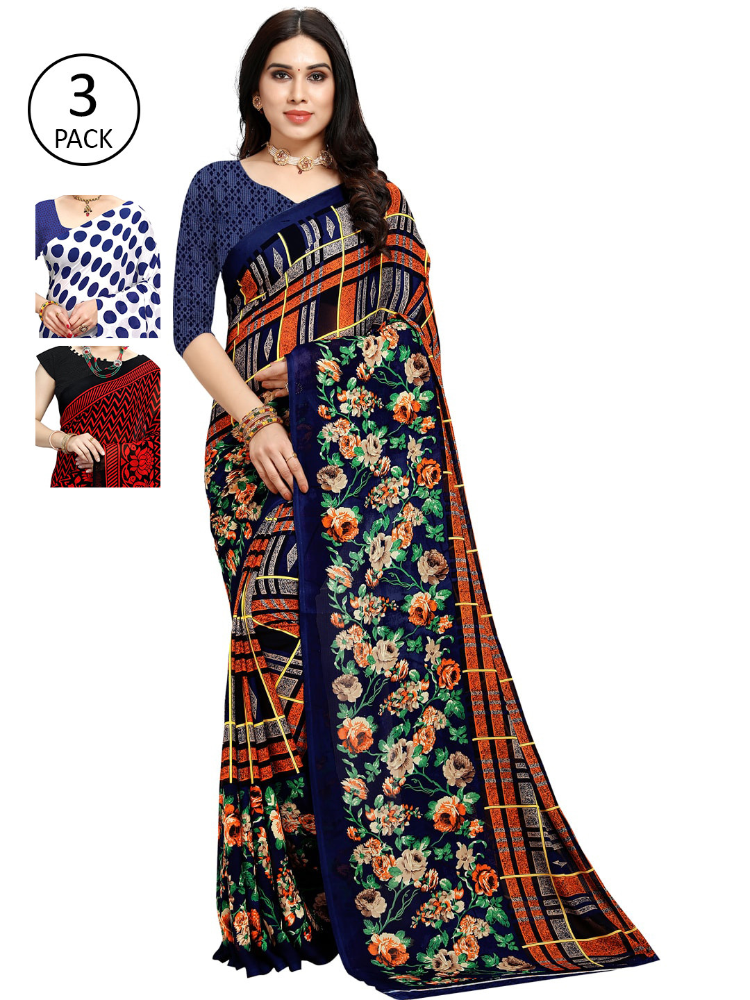 

KALINI Pack of 3 Printed Sarees, Multi