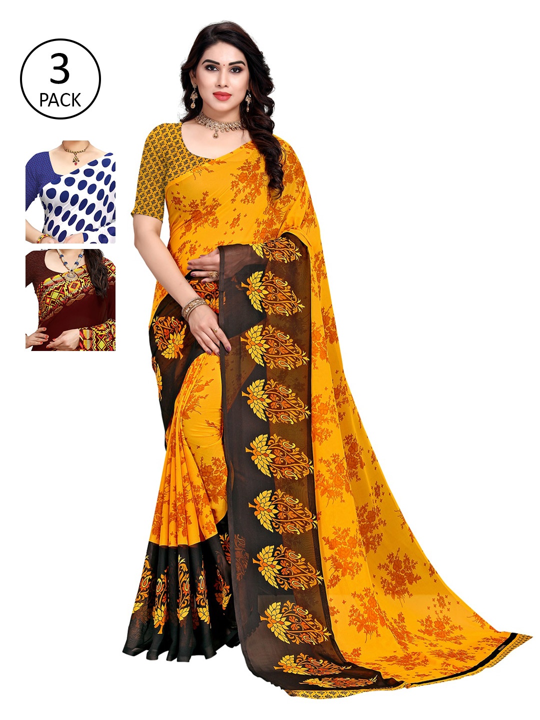 

KALINI Women Pack of 3 Printed Sarees, White