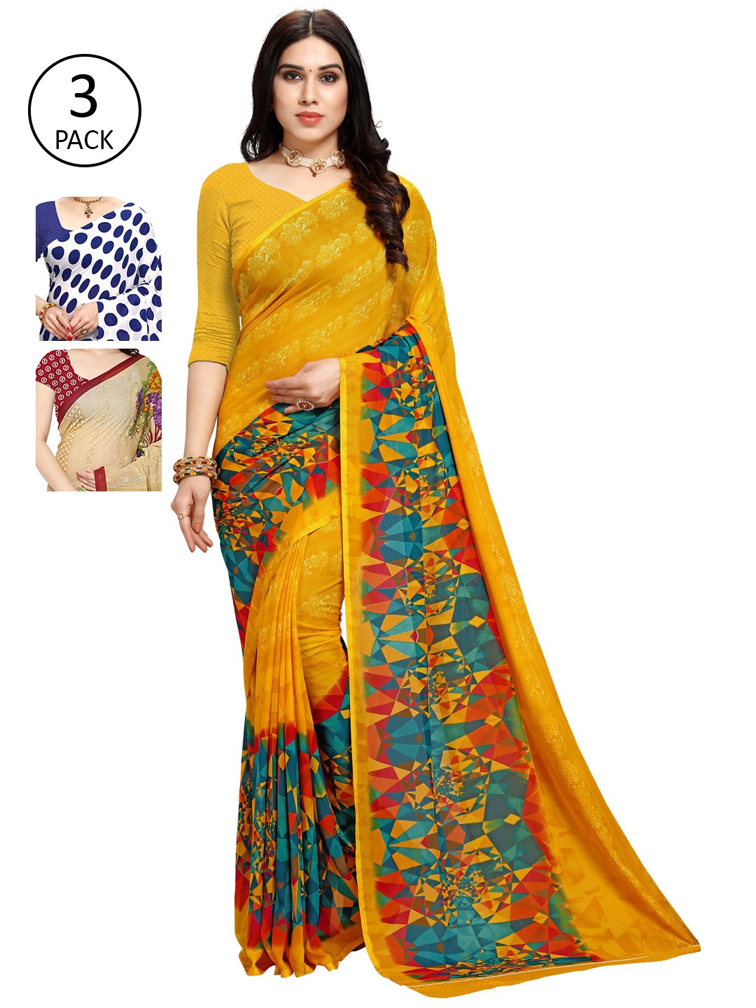 

KALINI Pack of 3 Poly Georgette Printed Sarees, White