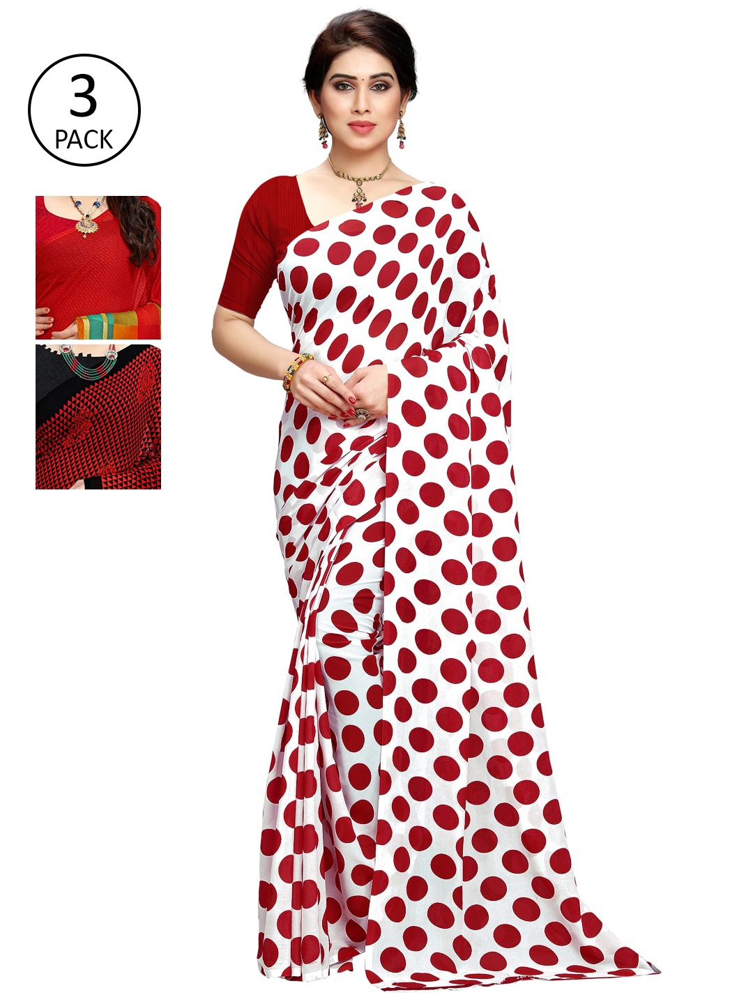 KALINI Pack of 3 Poly Georgette Sarees, Red