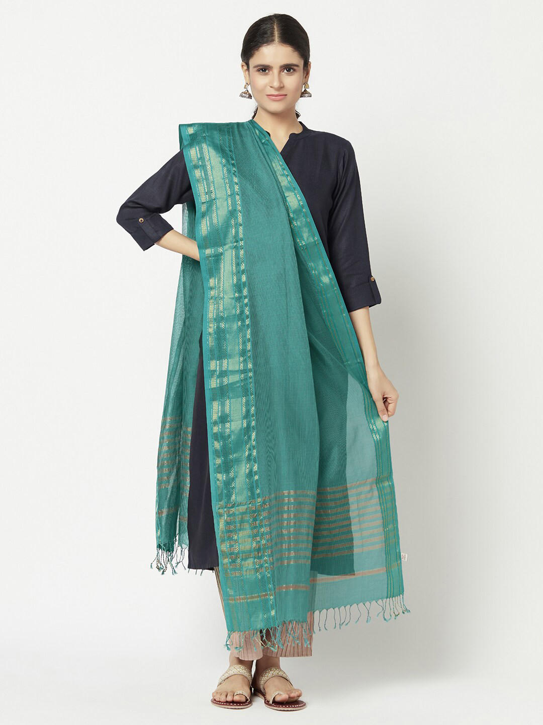 

Fabindia Teal & Gold-Toned Woven Design Cotton Silk Dupatta with Zari