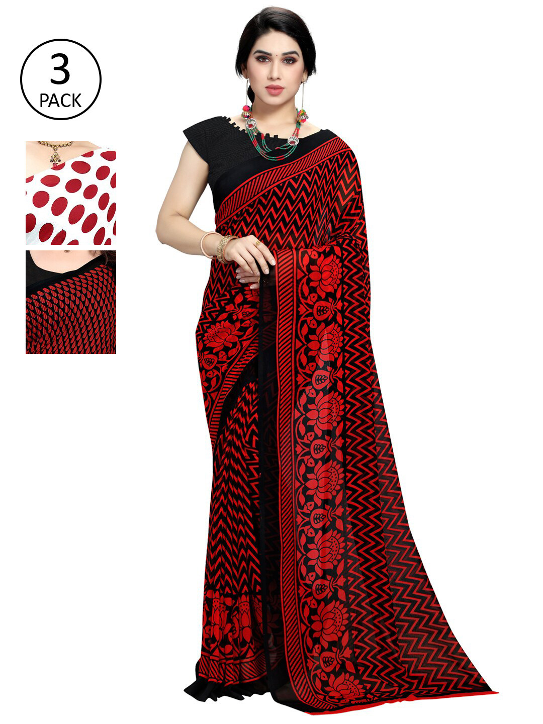

KALINI Pack Of 3 Multicoloured Printed Sarees, Red