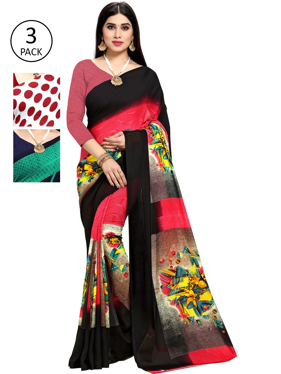 

KALINI Set Of 3 Multicoloured Poly Georgette Printed Sarees, Multi