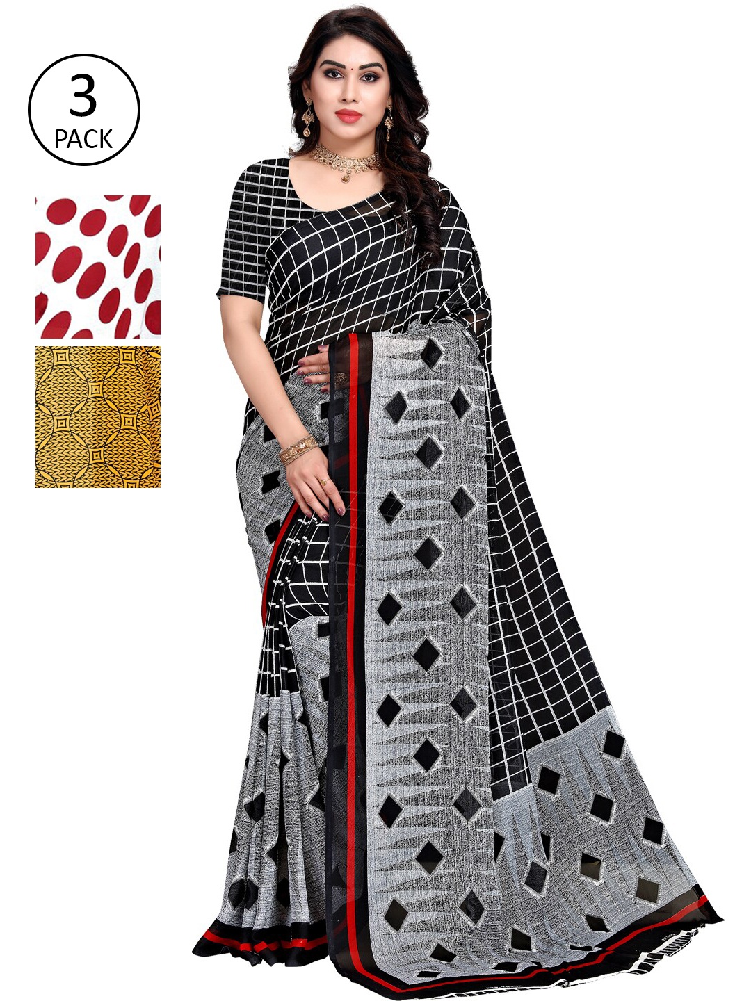 

KALINI Pack of 3 Poly Georgette Printed Sarees, White